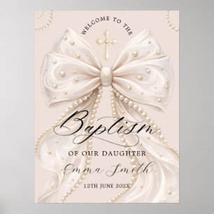 Affiche Nœud Élégant Coquette avec Bienvenue Baptême Perle