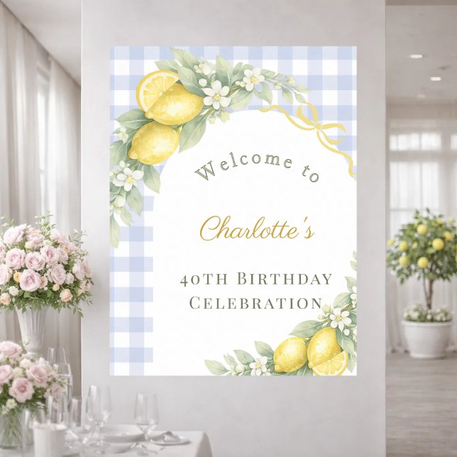 Affiche Nœud gingham bleu citrons jardin anniversaire bien (Créateur téléchargé)