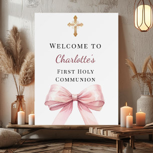 Affiche Nœud rose bienvenue pour la première communion