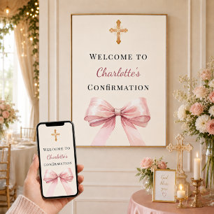 Affiche Nœud rose fuchsia ivoire de confirmation de bienve