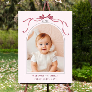 Affiche Nœud Rouge Rose Blush 1er Anniversaire Photo de Bi