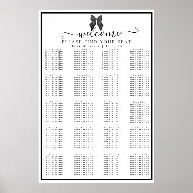 Affiche Nœud Ruban Classique Mariage Noir & Blanc Places A (Devant)