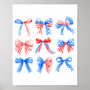 Affiche Nœuds Coquette Rouge Blanc Bleu Drapeau Usa 4 Juil