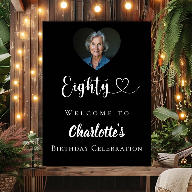 Affiche Noir 80e anniversaire de la fête photo coeur bienv (Créateur téléchargé)