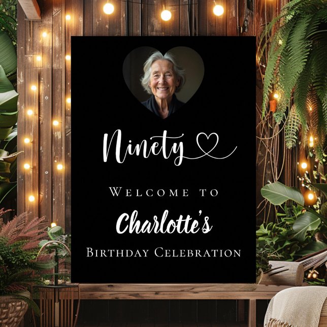Affiche Noir 90e anniversaire de la fête photo coeur bienv (Créateur téléchargé)