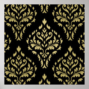 Affiche Noir baroque feuillu et or de motif de damassé