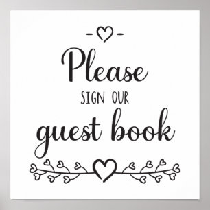Affiche Noir Blanc Calligraphie Coeurs Mariage Livre d'inv