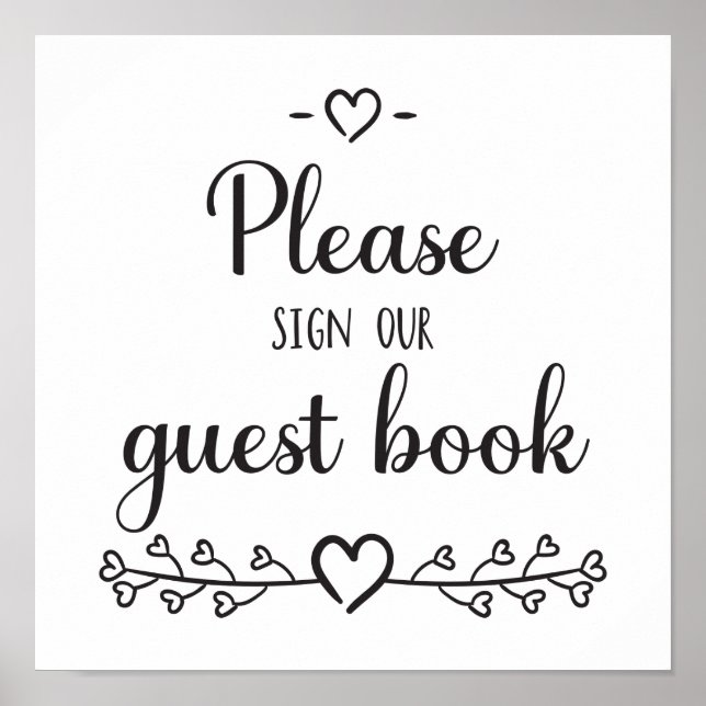 Affiche Noir Blanc Calligraphie Coeurs Mariage Livre d'inv (Devant)