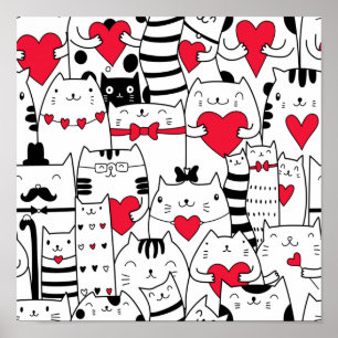 Affiche Noir Blanc Cute Chat Coeur Rouge