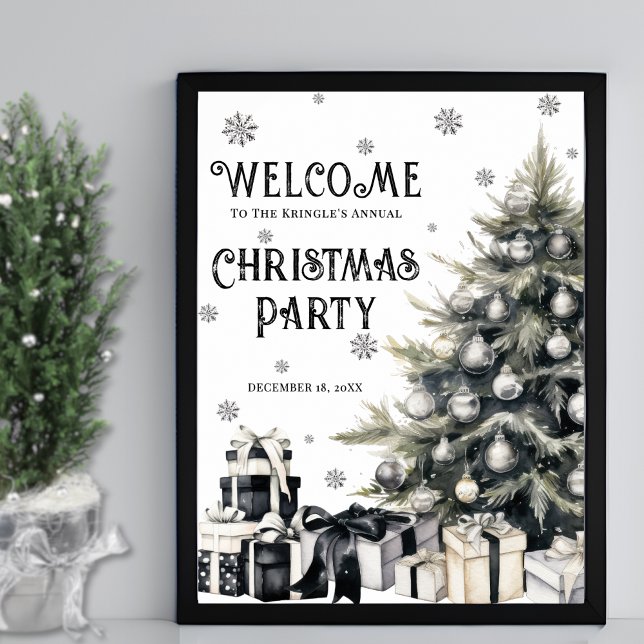 Affiche Noir Blanc Élégant Fête de Noël Bienvenue (Black White Elegant Christmas Party Welcome Poster)