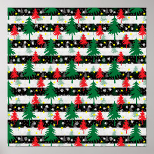 Affiche Noir Blanc Stripes Neiges Rouge Vert Arbres