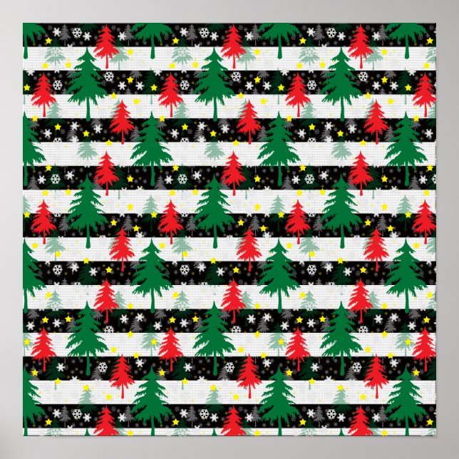 Affiche Noir Blanc Stripes Neiges Rouge Vert Arbres (Devant)