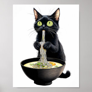 Affiche Noir Chat Manger Ramen nouilles Japonais Nourritur