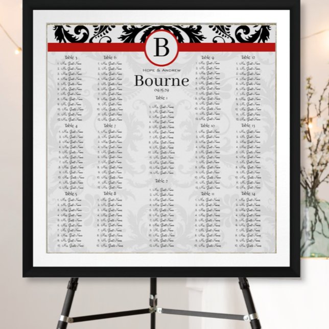 Affiche Noir Damask Red Trim Seating Chart Numéros de tabl (To see frame and mat pricing,  please choose your options.)