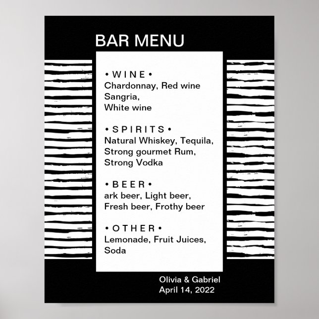 Affiche Noir élégant rayé fantaisie. Menu du bar de mariag (Devant)