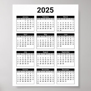 Affiche Noir et blanc 2025 Année à un coup d'oeil Calendri