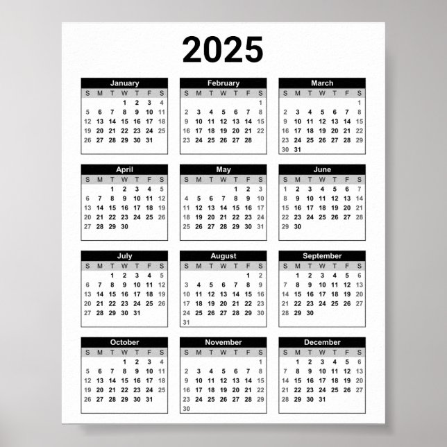 Affiche Noir et blanc 2025 Année à un coup d'oeil Calendri (Devant)