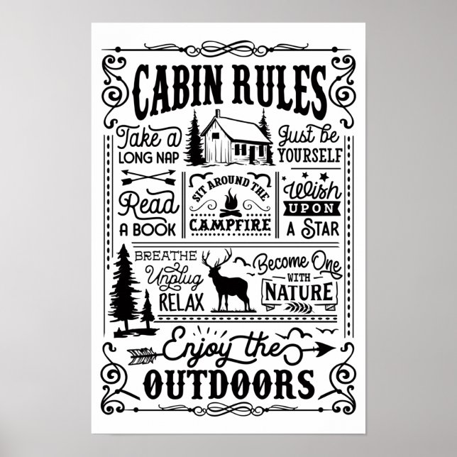 Affiche noir et blanc des règles de la cabane (Devant)
