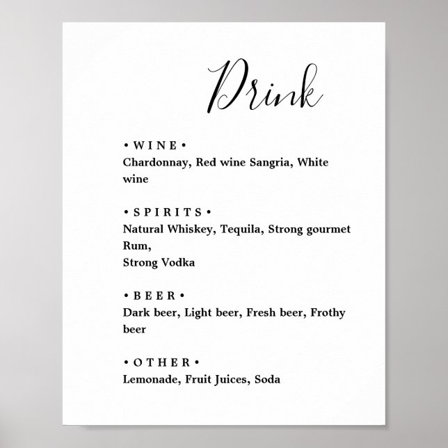 Affiche Noir et blanc. Élégant menu de bar de mariage mini (Devant)