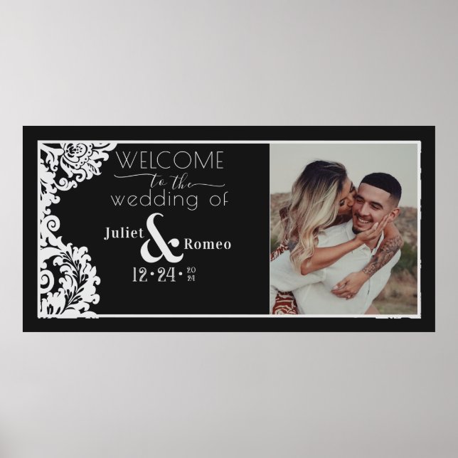 Affiche Noir et blanc moderne Elégant Mariage Bienvenue (Devant)