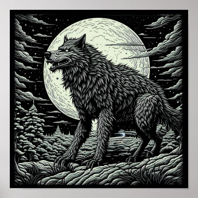 Affiche Noir et blanc Vintage Werewolf Ai Art (Devant)
