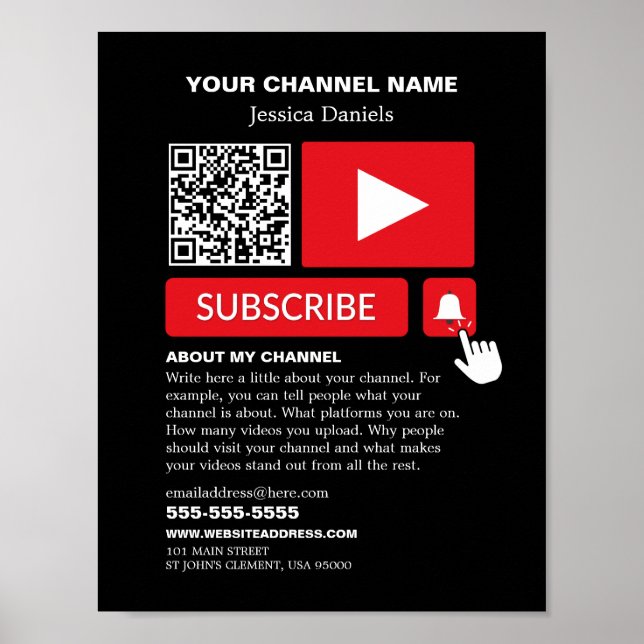 Affiche Noir et rouge élégant - QR Code, Youtube - Vlogger (Devant)