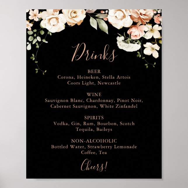 Affiche Noir Formal Royal Floral Mariage Boissons Menu Sig (Devant)