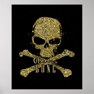 Affiche Noir Glam jusqu'à l'os Crâne Paillettes Dorées