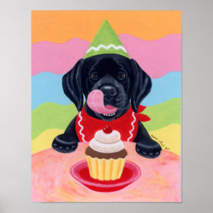 Affiche Noir Labrador Chiot Anniversaire Cupcake