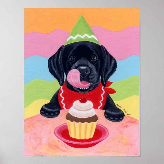 Affiche Noir Labrador Chiot Anniversaire Cupcake (Devant)