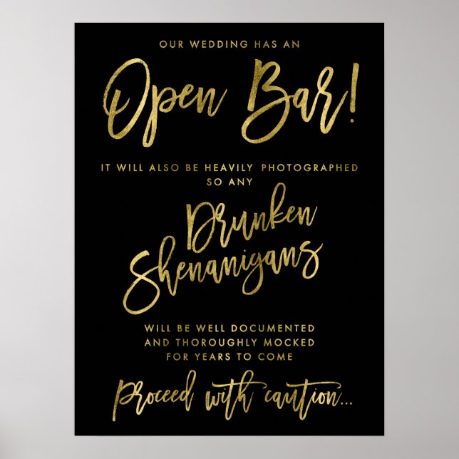 Affiche Noir Notre Mariage A Open Bar Sign Golden (Devant)