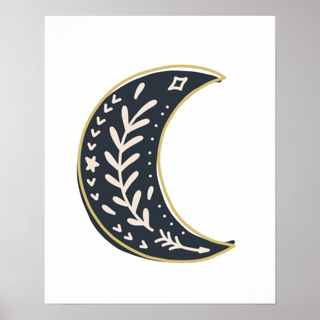 Affiche Noir Or bohème fleuri Lune Art Abstrait (Devant)