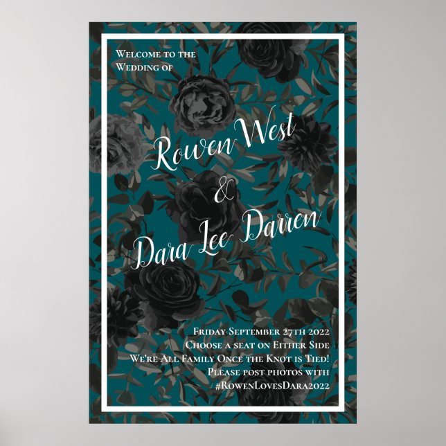 Affiche Noir Turquoise Rose gothique Elégant Mariage (Devant)