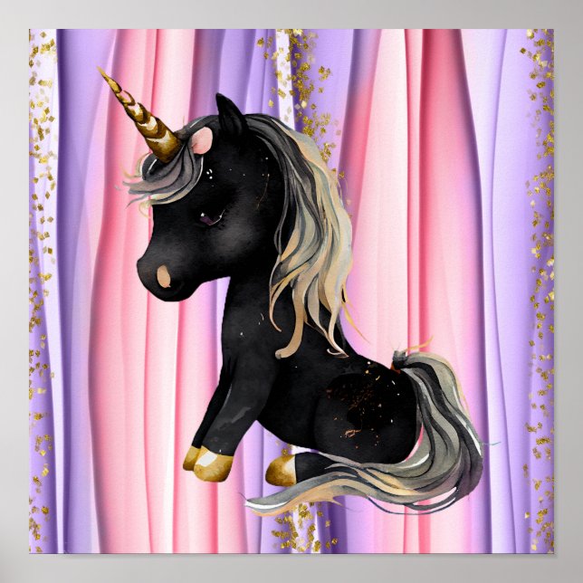 Affiche Noir Unicorne oreilles roses (Devant)