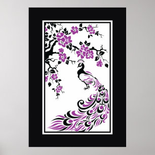 Affiche Noir, violet, blanc paon et fleurs de cerisiers