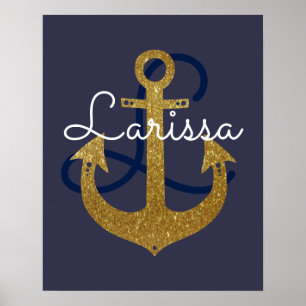 Affiche nom avec initiale, ancre marine dorée, girly