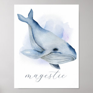 Affiche Nom Blue White Aquarelle Baleen Baleine à bosse
