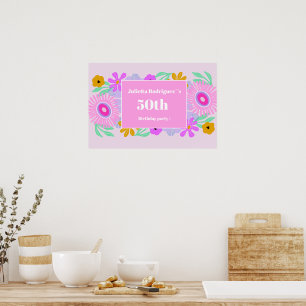 Affiche nom chic floral moderne rose pour 50e anniversaire