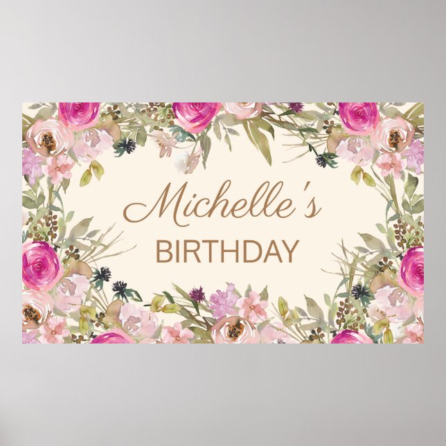 Affiche Nom d'anniversaire floral aquarelle rose (Devant)