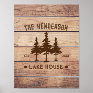 Affiche Nom de famille Lake House Pine Tree bois Personnal