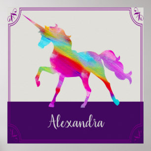 Affiche Nom de l'enfant Unicorne coloré Personnalisé
