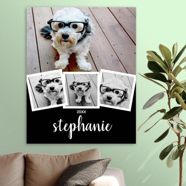 Affiche Nom de script de collage photo tendance blanc noir (Photo Collage Poster)