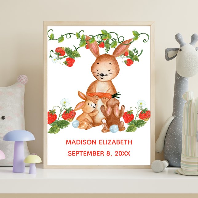 Affiche Nom du bébé Anniversaire Baby Bunny Fraise Nursery (Mama Bunny Baby Bunny Strawberries Personalized Nursery Wall Art digital or printed.)