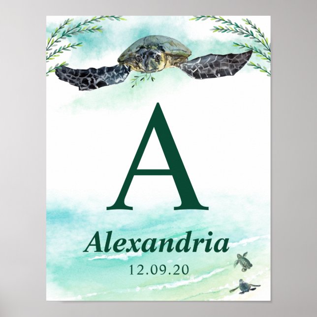 Affiche Nom du monogramme de la tortue de mer Naissance No (Devant)
