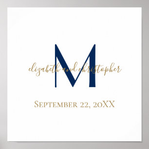 Affiche Nom du monogramme Initiales Mariage Or bleu Date C