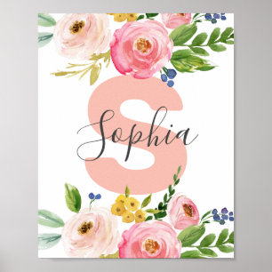 Affiche Nom floral Girl Baby Personalized Boho Nursery