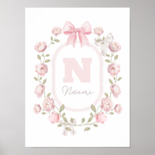 Affiche nom initial cadre pivoines fille bébé