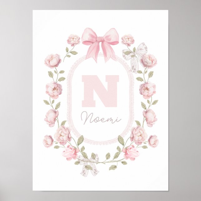 Affiche nom initial cadre pivoines fille bébé (Devant)