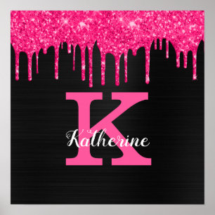 Affiche Nom Monogramme avec Gouttes de Paillettes Rose Cha