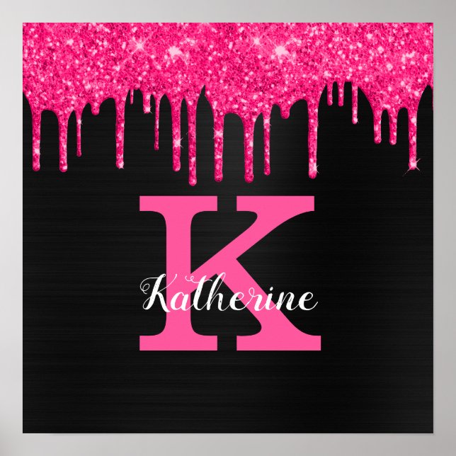 Affiche Nom Monogramme avec Gouttes de Paillettes Rose Cha (Devant)